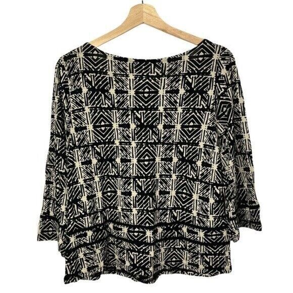 Lucky Brand Black & Tan Cross Hatch Geometric Printed 3/4 Sleeve Blouse M - Picture 2 of 4